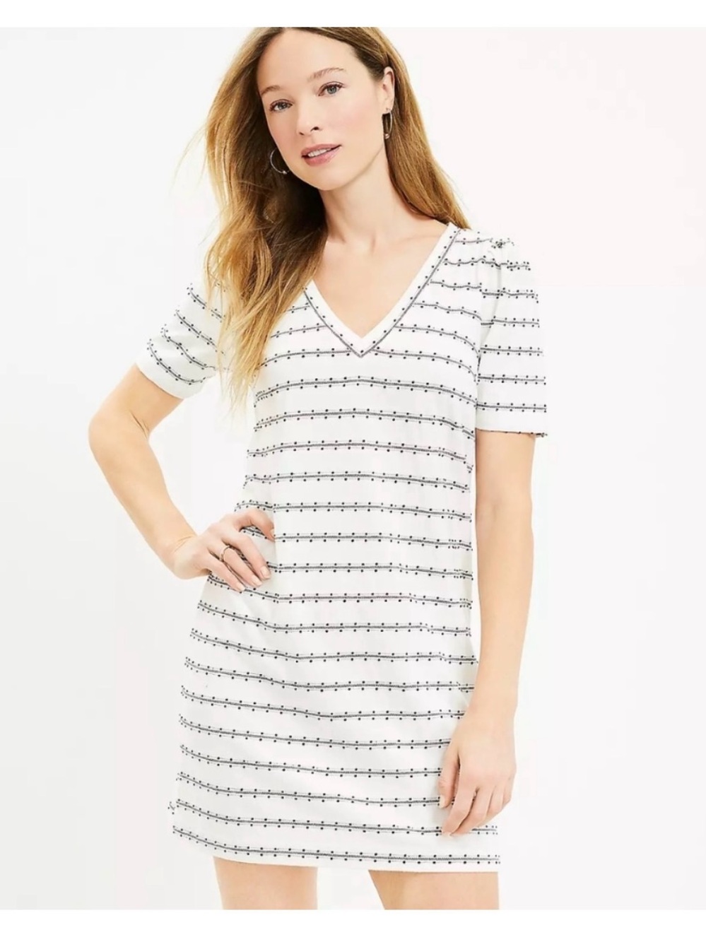 LOFT White & Black Striped V-Neck T-Shirt Dress XL Cotton Blend Shift Dress